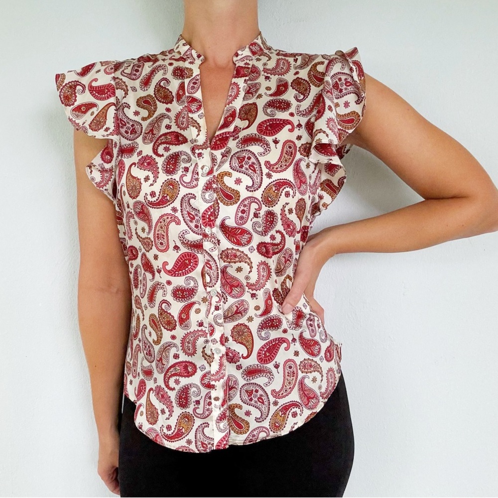ZARA white red satin paisley print short sleeve button down blouse size small